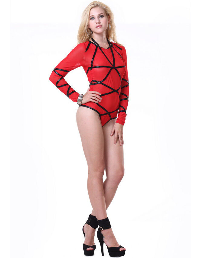 Black PVC Vinyl Red Mesh Romper Bodysuit