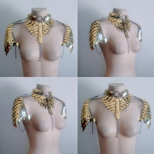 Gold Scalemail Chainmail Harness Shoulder Pauldrons + Necklace Armour