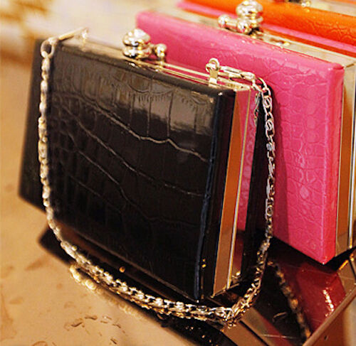 Black Faux Patent Crocodile Pattern Clutch Purse